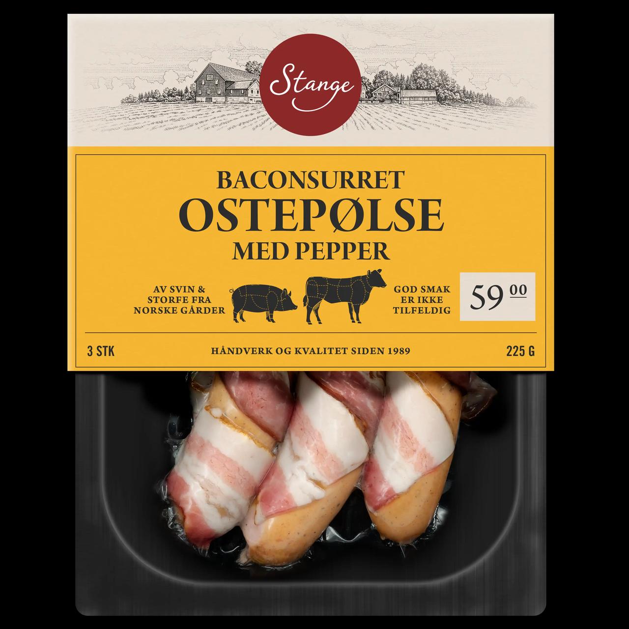 Baconsurret ostepølse med pepper